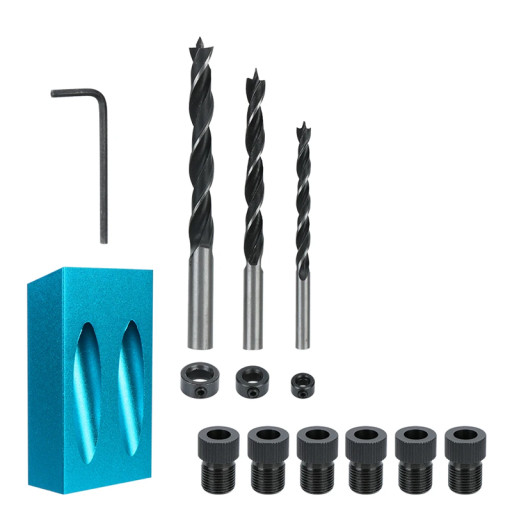 Juego para taladrado oblicuo en madera en un ángulo de 15° con posicionador, brocas de 6/8/10 mm, adaptadores y topes para unión precisa de piezas