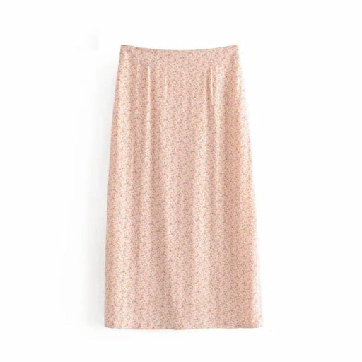 Jupe fleurie pour femmes avec doublure Coupe droite et ajustée Fente à l'arrière Motif délicat sur fond rose clair Coton avec polyester