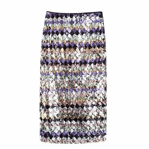 Jupe longue ajustée pour femmes avec paillettes Motif de losanges multicolores en bandes Coupe droite étroite avec une longueur sous le genou