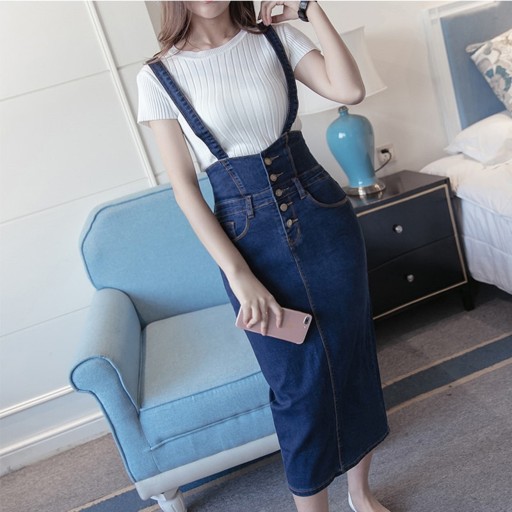 Jupe longue en jean pour femme avec bretelles