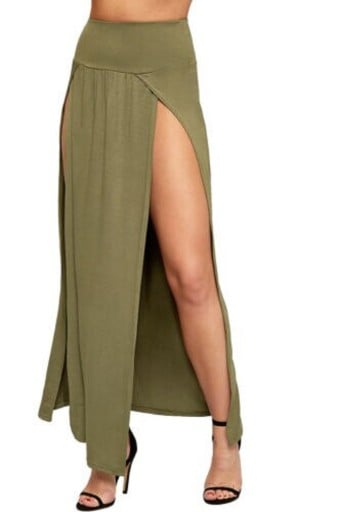 Jupe maxi femme avec deux fentes hautes à l'avant Taille large et lisse Coupe fluide en polyester léger Jupe d'été longue