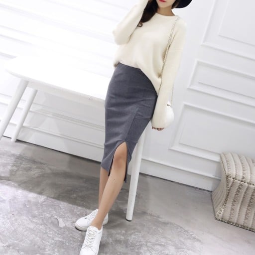 Jupe midi ajustée en coton avec fente Gris foncé Extensible et opaque Taille universelle Tour de taille 60 à 90 cm Longueur 70 cm