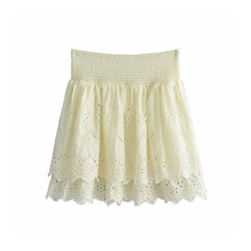 Jupe mini beige pour femme avec broderie à trous Taille froncée élastique Ourlet à volants à deux couches avec un bord festonné Polyester