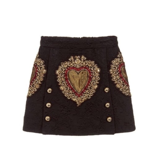 Jupe mini femme avec broderie de cœurs Tissu noir avec motif délicat Boutons dorés décoratifs Coupe en A Mélange de coton et polyester