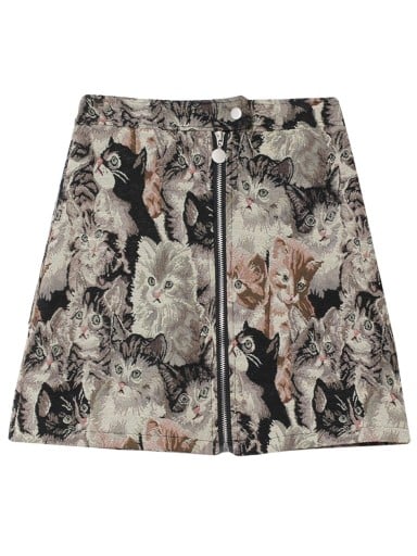 Jupe mini femme avec motif de chats Jupe évasée au-dessus du genou avec fermeture éclair en métal sur toute la longueur et bouton à la taille Tons