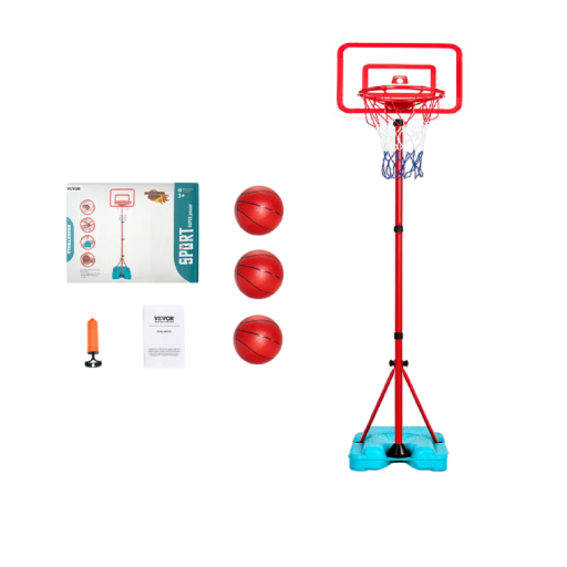 Justerbar basketbollställning med stativ 104-190 cm röd-blå med 3 bollar och pump för barn för inomhus- och utomhusspel