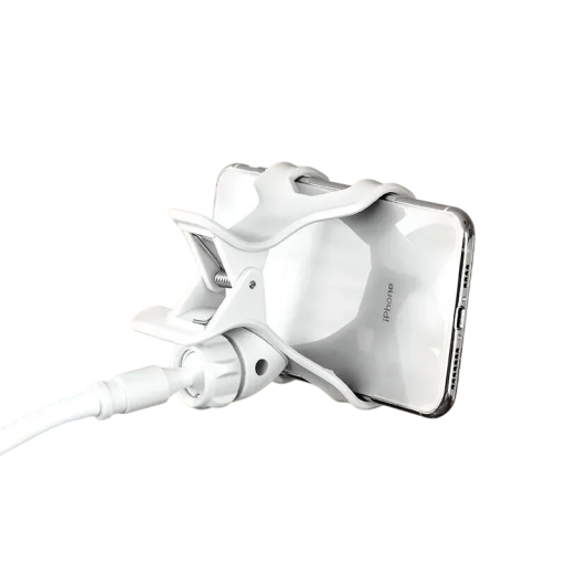 Justerbar mobiltelefonholder i plastik med solid klips og fleksibel 12 mm ledning for nem fastgørelse og stabilt greb