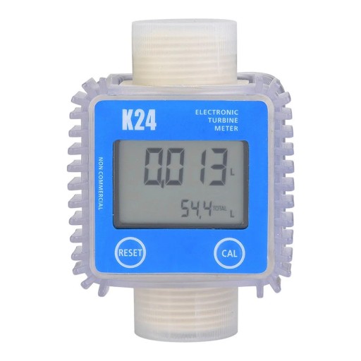 K24 digitální turbínový průtokoměr tekutin s LCD displejem 10 x 10 x 10 cm připojení 32 mm modrý na měření průtoku kapalin