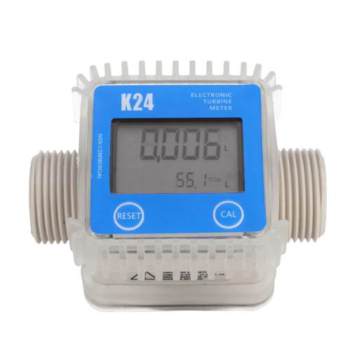 K24 digitální turbínový průtokoměr tekutin s LCD displejem 10 x 10 x 10 cm připojení 32 mm modrý na měření průtoku kapalin