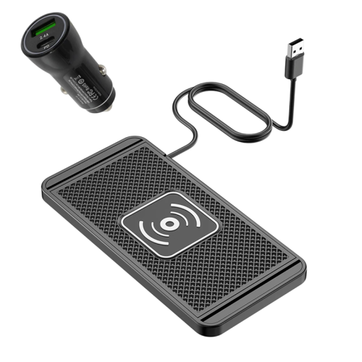 Kabelloses Auto-Schnellladegerät 15 W, Silikonpad mit Ständer, USB-A-Kabel + Zigarettenanzünder-Ladegerät USB C und USB A QC 3.0 PD 20 W