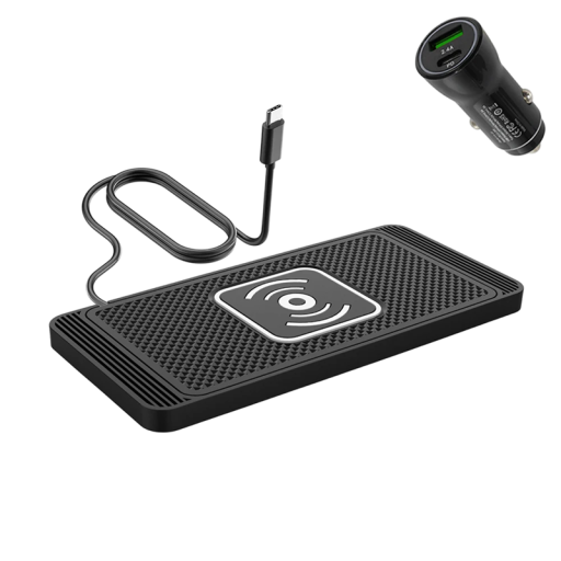 Kabelloses Auto-Schnellladegerät 15 W, Silikonpad mit Ständer, USB-C-Kabel + Zigarettenanzünderadapter, USB A, USB C, QC 3.0, PD 20 W