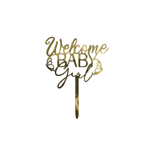 Kagetopper med indskriften &quot;Welcome Baby&quot; med sommerfugle. Kagedekoration til en lille pige. 8,9 x 7,2 cm.