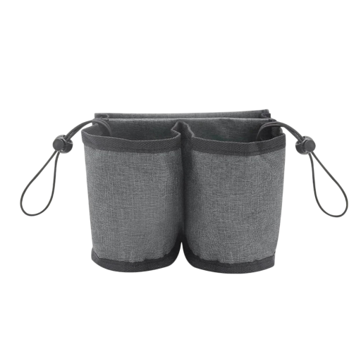 Kahvimukiteline matkalaukun kahvaan, kaksinkertainen tasku 16×8×12 cm, Oxford-kangas, musta-harmaa, juomaorganisaattori matkatavaroille