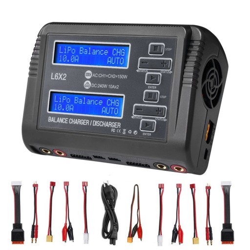 Kaksikanavainen tasapainolaturi L6X2 kahdella LCD-näytöllä, 2x 10 A, AC 150 W / DC 240 W, koko 14,5 x 10,5 x 6,4 cm, EU-pistoke