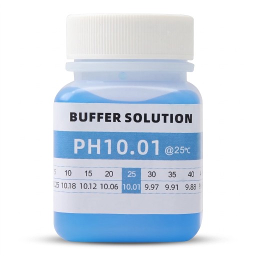 Kalibráló pufferoldat pH 10,01 pH mérők számára 50 ml, műanyag flakon, kék, hidroponikus, akváriumi és laboratóriumi kalibráláshoz