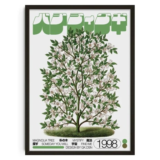 Kangasseinätaulu magnoliasta japanilaisessa tyylissä 20 x 30 cm koristeellinen painatus vihreä-valkoinen ilman kehystä sisustukseen