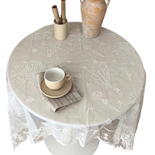 Kantijnen tafelkleed met tulpenpatroon 190 × 160 cm Polyester wit tafelkleed met bloemenmotief Decoratieve hoes voor de eettafel