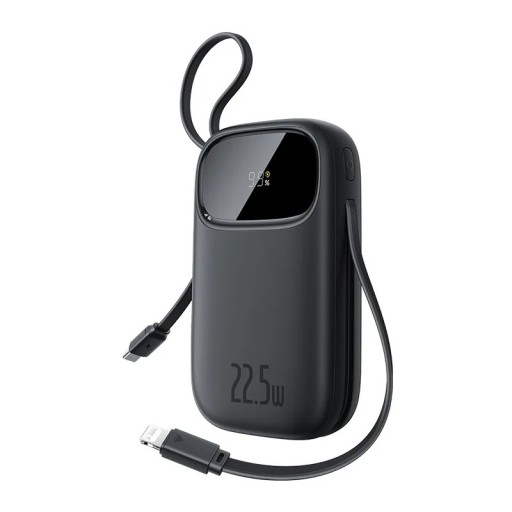 Kapacitetsbatteri med inbyggda kablar USB-C och Lightning 22,5 W 20000 mAh Skärm med laddningsstatus För telefon på semester och camping