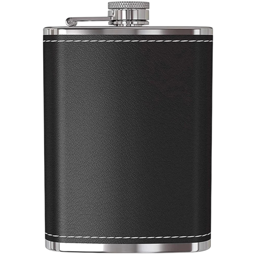 Kapaszkodó whisky flask 237 ml Rozsdamentes acél 304 bőrborítással Fekete Csavaros zár karommal Öntő és pohár a csomagban