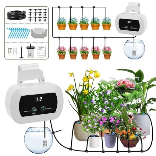 Kapkový zavlažovací systém s časovačem pro květiny v květináčích 11,43 x 7,11 x 3,3 cm USB nabíjení bílý na vnitřní zalévání