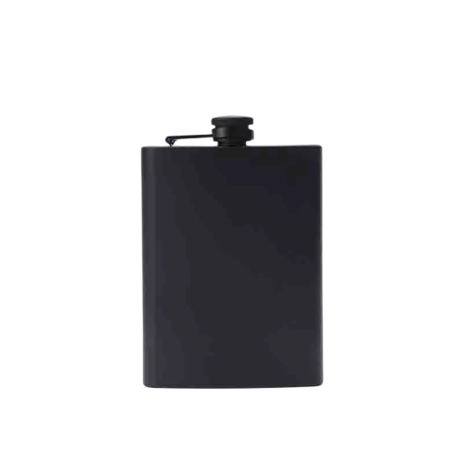 Kapszli whisky flask 230 ml Rozsdamentes acél 304 Fekete Csavaros záró fedél tartóval Méretek 13,7 x 9 cm Bulikra és a természetbe