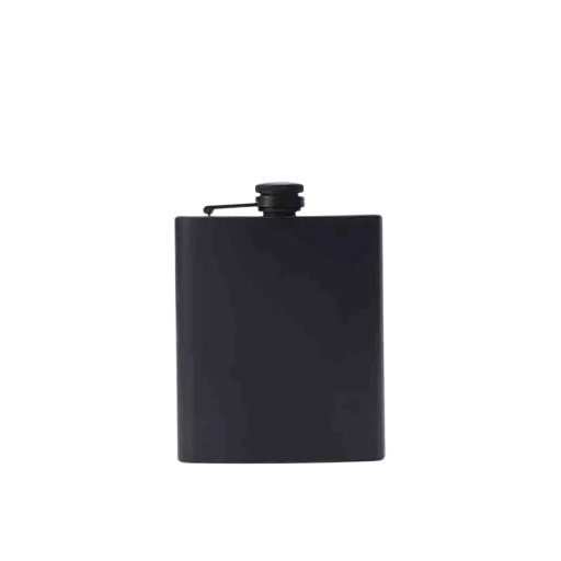 Kapszula whiskyhez 200 ml Rozsdamentes acél 304 Fekete Csavaros záróval és tartóval Méretek 12,3 x 9 cm Bulikra és a természetbe