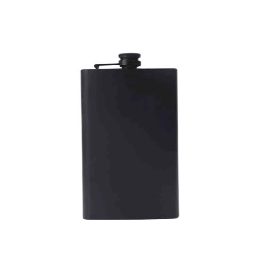 Kapszula whiskyhez 295 ml Rozsdamentes acél 304 Fekete Csavaros záróval és tartóval Méretek 15,5 x 9 cm Bulikhoz és a természetbe