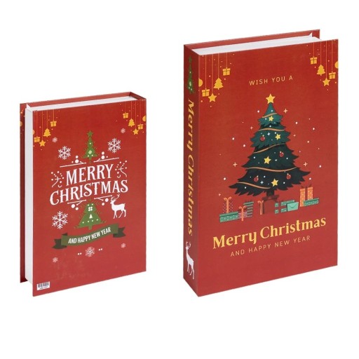 Karácsonyi dekoratív álkönyv Merry Christmas Könyv utánzat a polcon Piros könyvdekoráció fenyőfával