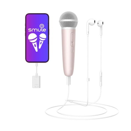 Karaoke mikrofon se sluchátky a zpětnou vazbou port Type-C nabíjení 2 hodiny a provoz 15 hodin adaptér Lightning na zpěv a nahrávání