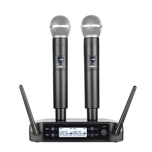 Karaoke sæt UHF med to trådløse mikrofoner modtager med antenner og display til indstilling af frekvens og lydstyrke sort til fest