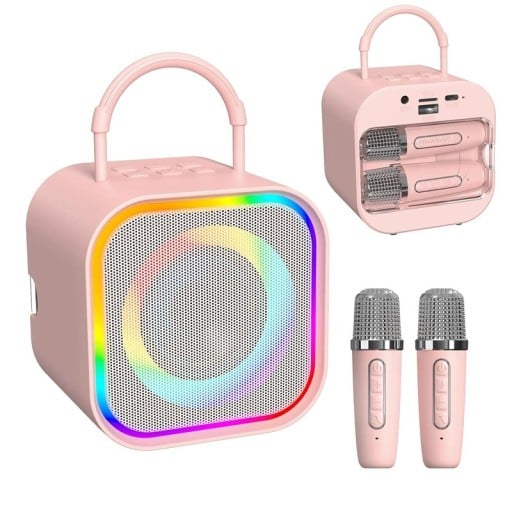 Karaoke set s reproduktorem a 2 mikrofony Bluetooth 5.3 dosah 15 m RGB světla a 5 zvukových režimů baterie 1200 mAh na párty