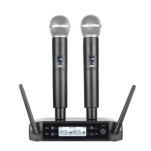 Karaoke set UHF se dvěma bezdrátovými mikrofony přijímač s anténami a displejem nastavení frekvence a hlasitosti černý na párty