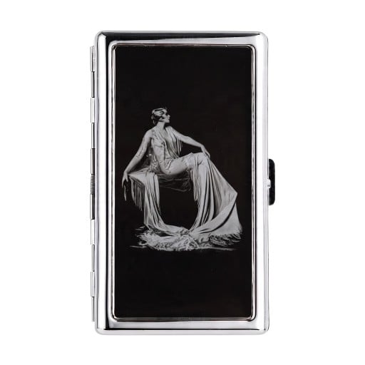 Kartenetui im Vintage-Stil 10 x 6 x 2 cm Metall Silber mit schwarzem Deckel Motiv einer Frau in Kleidern Zwei Fächer Für Visitenkarten und Karten