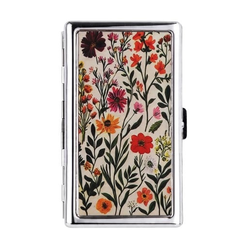 Kartenetui Vintage Stil 10 x 6 x 2 cm Metall Silber mit cremefarbenem Deckel Motiv von Wiesenblumen Zwei Fächer Für Visitenkarten und Karten