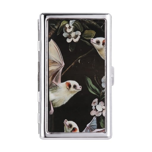 Kartenetui Vintage Stil 10 x 6 x 2 cm Metall Silber mit schwarzem Deckel Motiv von Fledermäusen und Blumen Zwei Fächer Für Visitenkarten und Karten