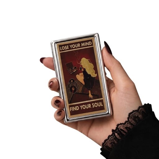 Kartenetui Vintage Stil 10 x 6 x 2 cm Metall Silber Retro Motiv Frau mit Grammophon und Platten Zwei Fächer Für Visitenkarten und Karten