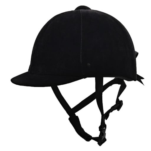 Kask jeździecki dla koni rozmiar 60 dla głowy o obwodzie 56 - 58 cm, oddychający design ABS i EPS, czarne wykonanie z daszkiem i paskiem pod brodę