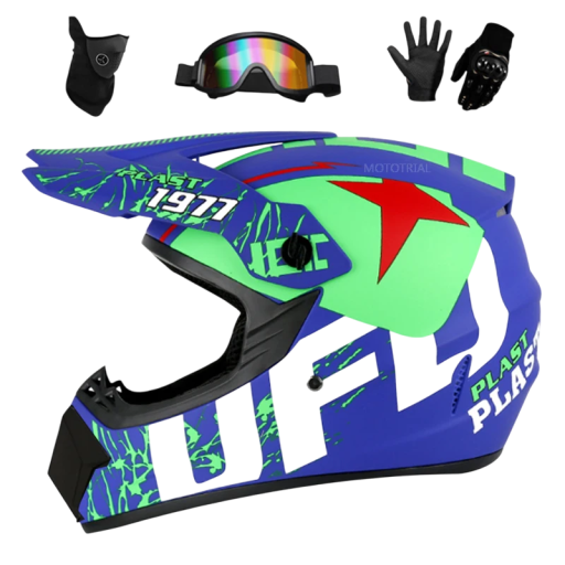 Kask motocyklowy dziecięcy niebieski z nadrukiem Kask integralny ABS z blendą przeciwsłoneczną Okulary Maska Rękawice 1,2 kg 25×25×36 cm
