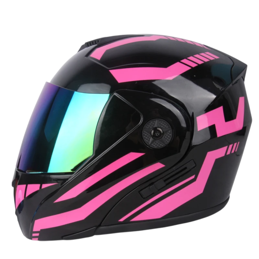 Kask motocyklowy typu flip-up, czarny z różowymi paskami, podwójny daszek, kolorowy daszek zewnętrzny, materiał ABS, bezpieczny kask dla motocyklistów