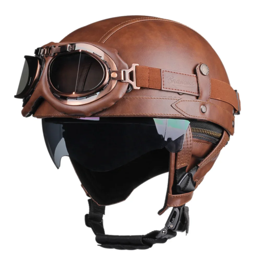 Kask motocyklowy typu flip-up retro z goglami Konstrukcja ze sztucznej skóry ABS Kask do skutera i motocykla Stylowa ochrona podczas jazdy