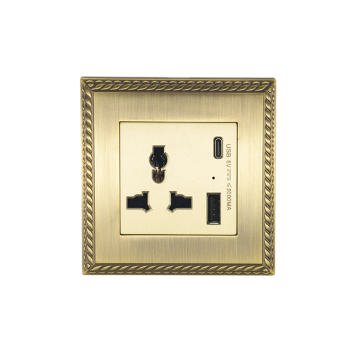 Καθολική τοίχου πρίζα με USB και USB-C 5V 2A, 86 x 90 mm, μεταλλική επιφάνεια από κράμα ψευδαργύρου, παλαιά χρυσή, vintage σχέδιο για το σπίτι