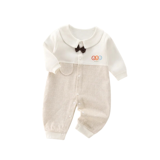 Katoenen romper met lange mouwen en smiley-print Wit-beige kinderoverall voor pasgeborenen V-hals Drukknopen sluiting