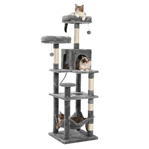 Kattenkrabpaal hoogte 154 cm basis 46 x 46 cm met ligplaats hangmat en sisal kolommen grijs voor katten in huis