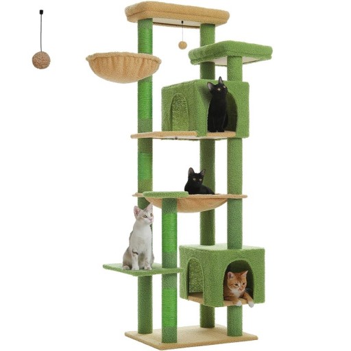 Kattenkrabpaal hoogte ca. 175 cm basis 54 x 44 cm met twee huisjes hangmat en sisal kolommen voor 5 katten in huis en klimmen