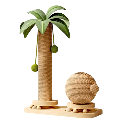 Kattenkrabpaal in de vorm van een palm met een sisalbal en een baan met houten ballen hoogte 45 cm breedte 38 cm interactieve speeltje voor in huis