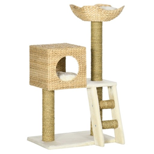 Kattenkrabpaal met huisje en ligplaats en ladder 57 x 37 x 100,5 cm spaanplaat en pluche wit-beige voor katten tot 4,5 kg om te krabben en te rusten