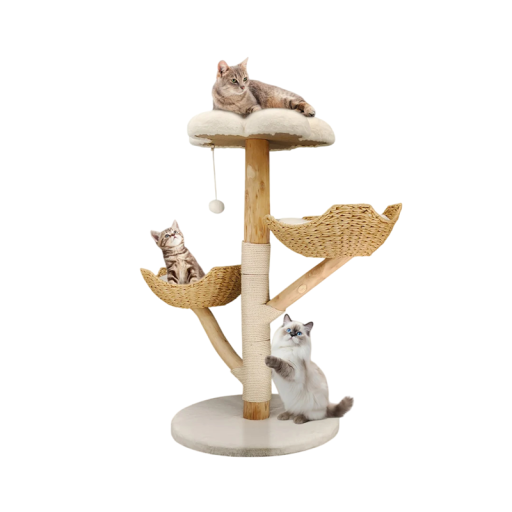 Kattenkrabpaal met ligbedden en sisalstam hoogte 110 cm diameter basis 60 cm van wilgenhout wit voor katten tot 10 kg