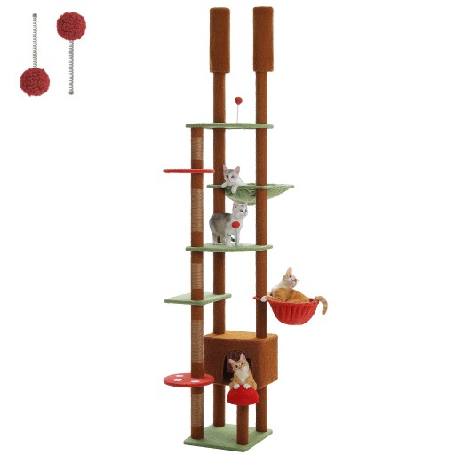 Kattenkrabpaal met plafondbevestiging verstelbare hoogte 230-252 cm basis 40 x 44 cm bruin-groen met rode elementen paddestoelmotief