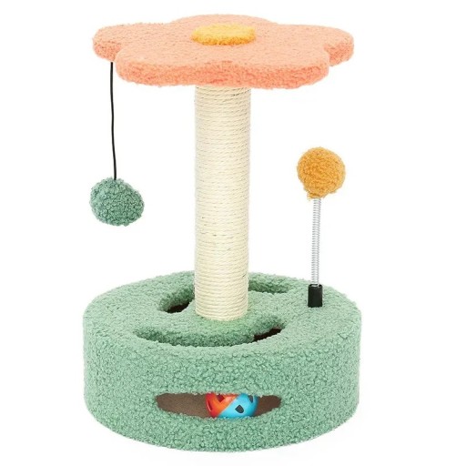 Kattenkrabpaal met roze bloem en baan met ballen 25 x 25 x 35,5 cm sisal kolom met hangspeelgoed voor katten in huis