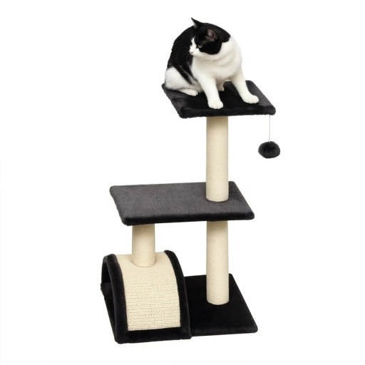Kattenkrabpaal met twee platforms en sisalboog hoogte 72 cm voetstuk 35 x 40 cm sisal kolommen zwart-beige voor binnen